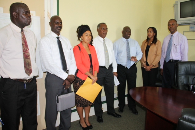 (l-r) TVET Coordinator in Nevis Orette Smith, Federal Education Planner Quinton Morton, Education Planner within the Department of Education Nevis Dr. Neva Pemberton, Premier of Nevis and Minister of Education Hon. Vance Amory, Caribbean Development Bank Operation Officer (Education) Dr. Martin Baptise, Legal Counsel Alana Goodman Smith and Operation Officer (Civil Engineer) M. Stephen Lawrence.